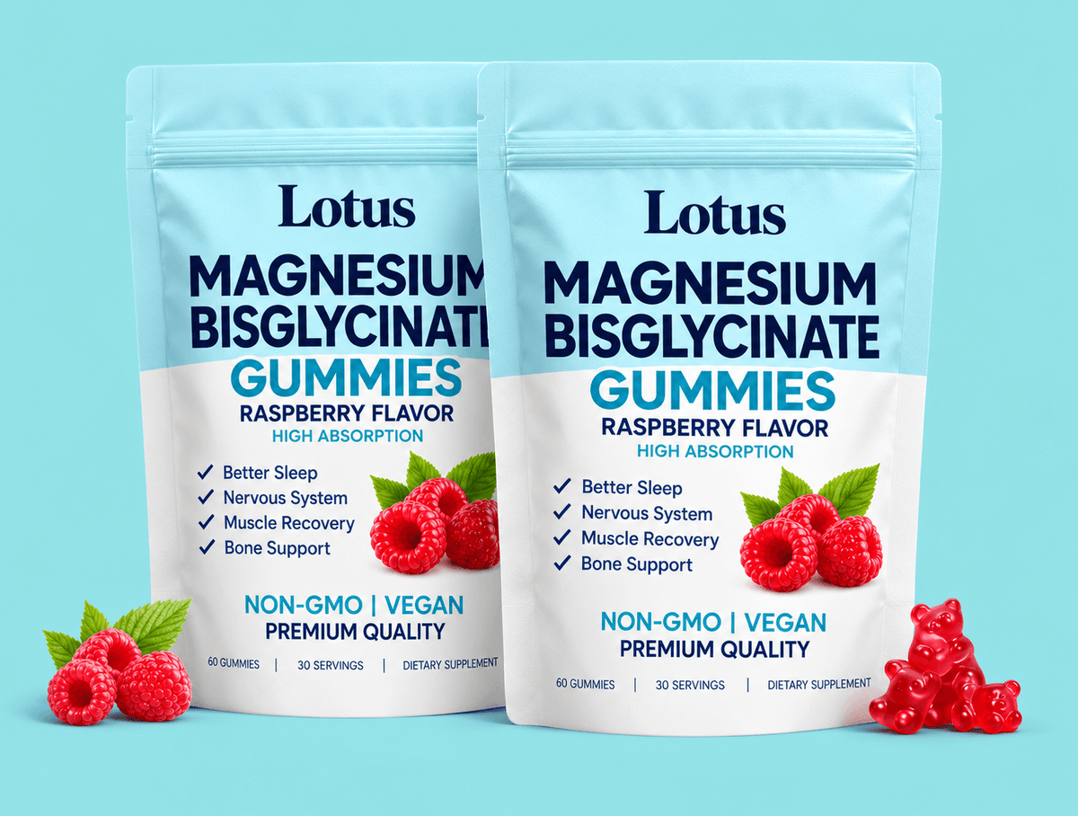 Two Lotus magnesium bisglycinate gummy pouches on a blue background